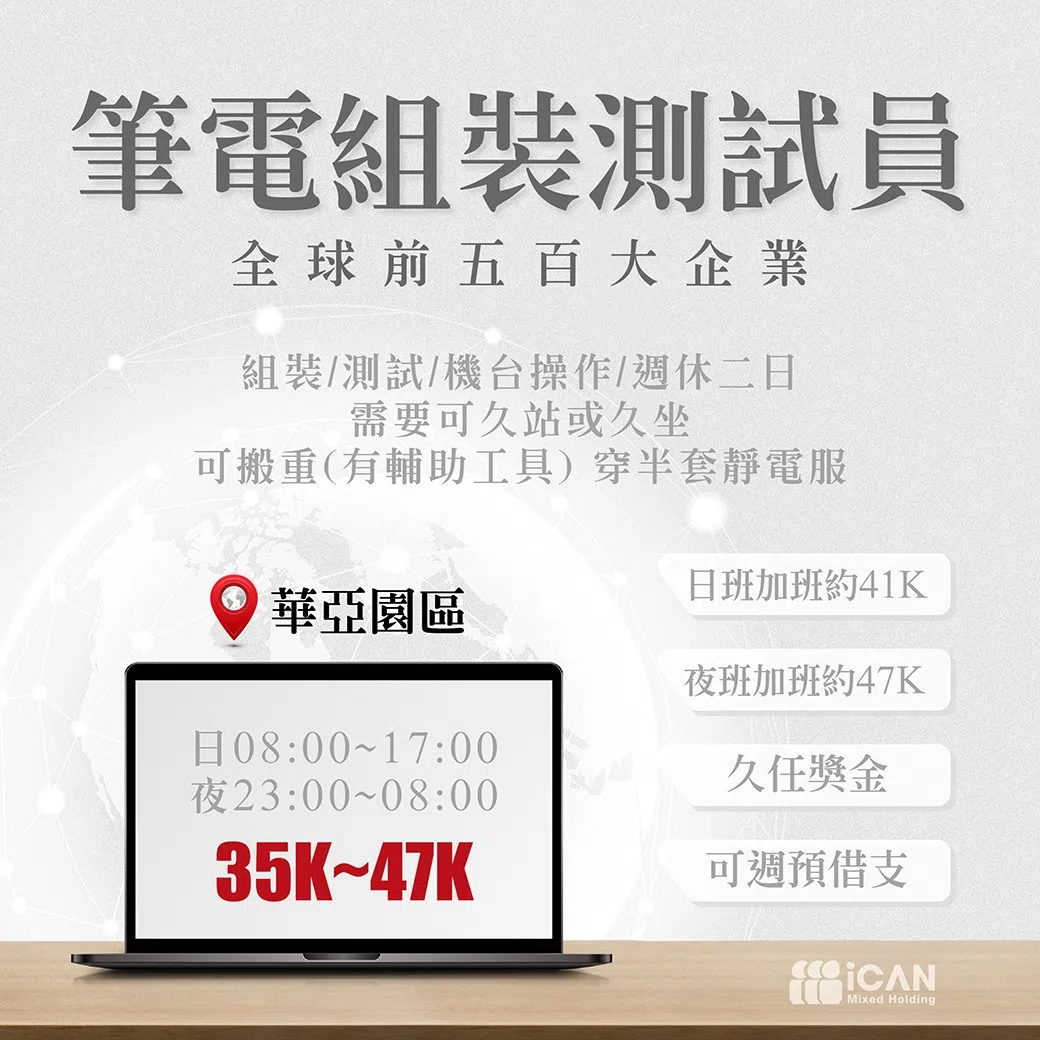 【桃園龜山】全球前五百大企業/可無經驗/長期穩定