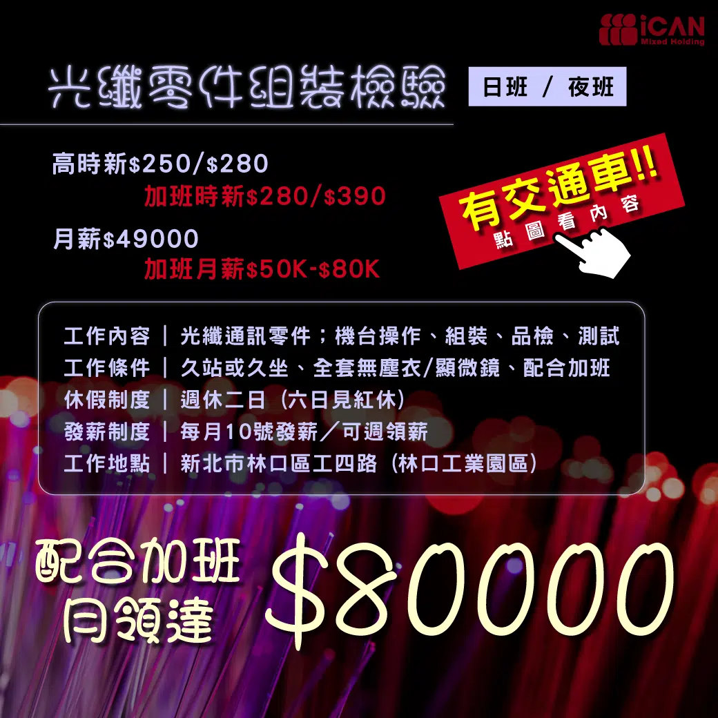 林口高薪_光纖零件組裝檢驗_高時薪